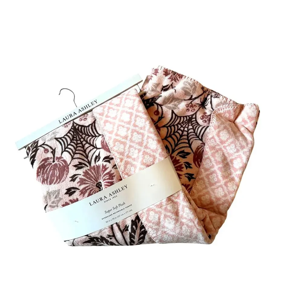 Laura Ashley Oversized Reversible Throw 50x70 Plush Peach Floral Fall Blanket